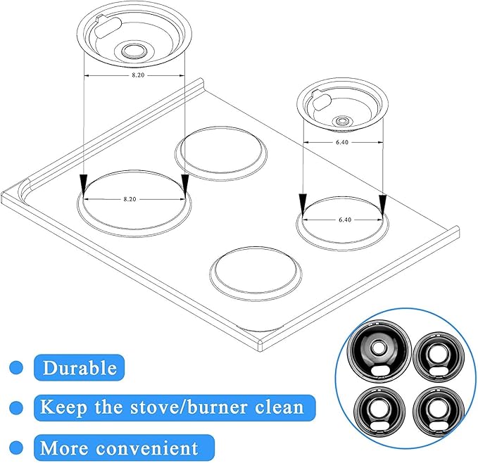 W10290350 W10290353 Burner Porcelain Drip Pans Set Replacement by APPLIANCEMATES Fits whirlpool Electric Range Stove Top Drip Bowls 4-Pack Includes 2 Large 8-Inch and 2 Small 6-Inch (Black)