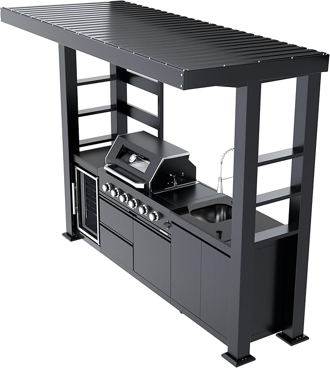 110-Inch 4-Burner 72000 BTU Stainless Steel Natural Gas Grill Outdoor Kitchen Island with Canopy,485Sq.In Cooking Area,Wine Cooler,Refrigerator,Rotisserie,For Backyard BBQ,Black