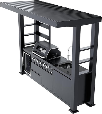 110-Inch 4-Burner 72000 BTU Stainless Steel Natural Gas Grill Outdoor Kitchen Island with Canopy,485Sq.In Cooking Area,Wine Cooler,Refrigerator,Rotisserie,For Backyard BBQ,Black