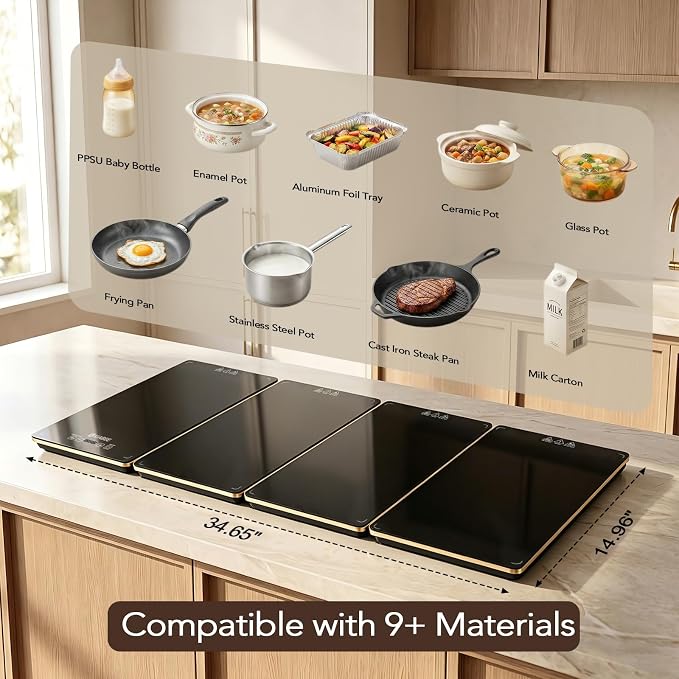 Electric Warming Tray for Buffet Party - 4 Panels Electric Glass Top Heating Plate, 8 Level Temp Control Easy Clean Surface Overheat Protection and Timer: for Busy Hosts Party Dinners and Holiday Meal