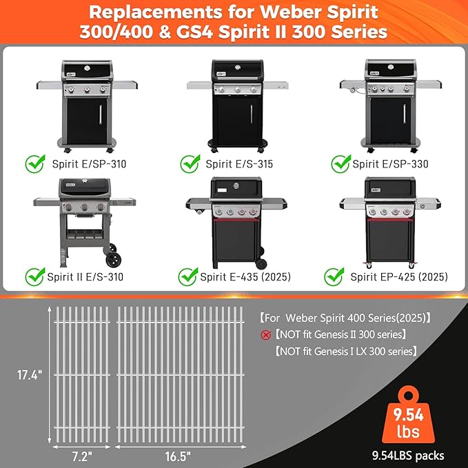 QuliMetal 17.4" Grill Grates for Weber Spirit 300/400 & GS4 Spirit II 300 Series, Spirit E/S-310 E/S-320 E/S-330 E425 E435, Stainless Steel Grill Parts for Weber Spirit 7638 7639