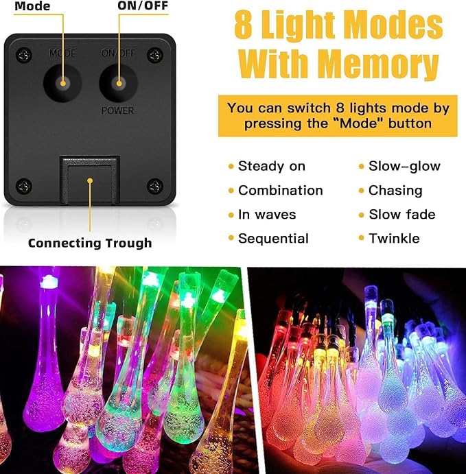 Solar Lights, Outdoor 21FT 30 LED Multicolor Water Drop Fairy Lights | Waterproof solar water fairy string lights with 8 modes auto on/off, decor for garden, patio, yard, tree, wedding
