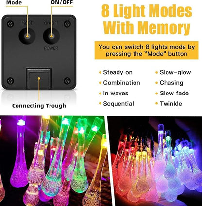 Solar Lights, Outdoor 21FT 30 LED Multicolor Water Drop Fairy Lights | Waterproof solar water fairy string lights with 8 modes auto on/off, decor for garden, patio, yard, tree, wedding