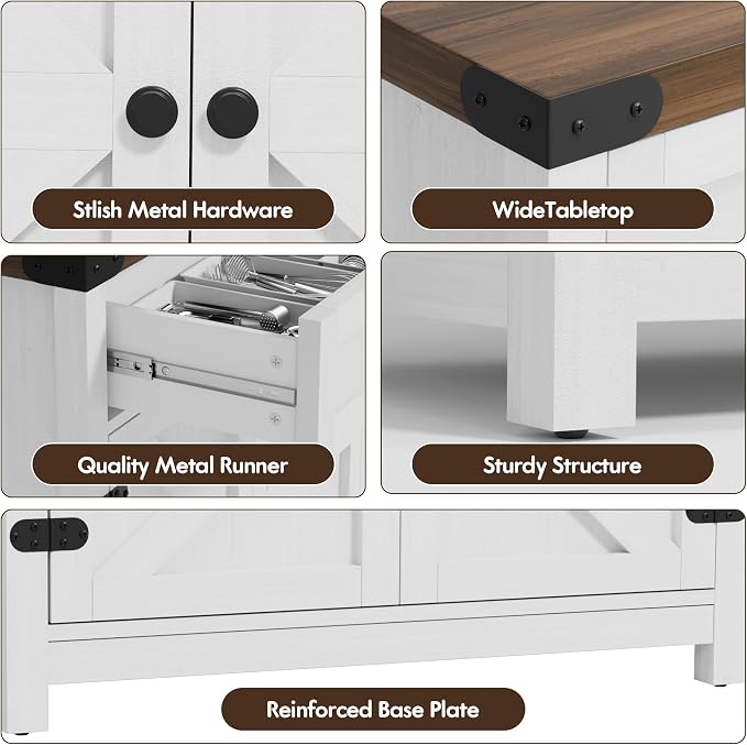 YESHOMY Kitchen Storage Cabinet, Coffee Bar Cabinet, Farmhouse Sideboard Buffet with Storage, Barn Door Accent Cabinet with a Drawer and Adjustable Shelf for Dining Room, Entryway, Rustic White, 1PCS