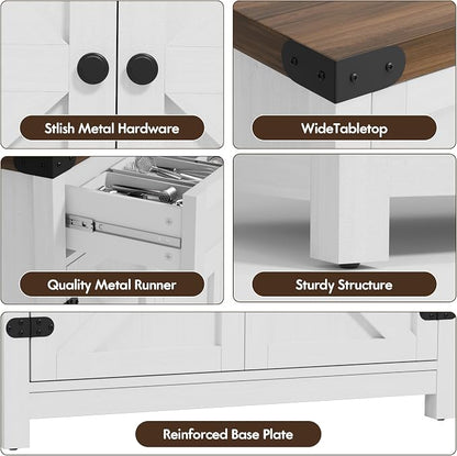 YESHOMY Coffee Bar and Accent Cabinet, Farmhouse Barn Door Buffet Sideboard with Drawer and Adjustable Shelf, Wide Desktop for Kitchen, Dining Room, Bathroom, Entryway, Rustic Brown White