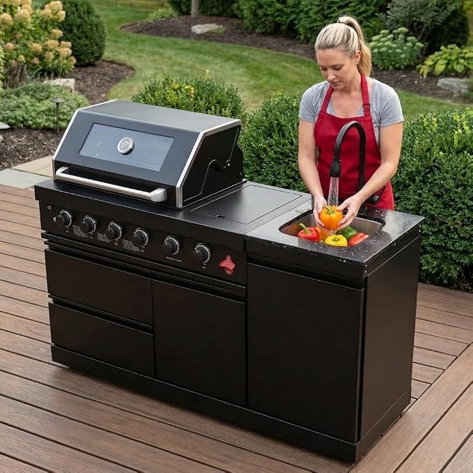65.4 Inch Outdoor Kitchen Island, 4-Burner 72000 BTU Propane Stainless Steel BBQ with Side/Rear Burners, Outdoor Kitchen Bar Barbecue Island Grill,Marble Countertops,For Backyard BBQ
