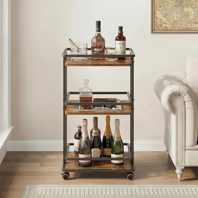 3-Tier Bar Cart with Wheels & Storage Shelves for Home Kitchen | Beverage Serving Cart, Doubles as Coffee Bar Cabinet, Sturdy 3-Tier Frame, Smooth Rolling Wheels, Ideal for Home