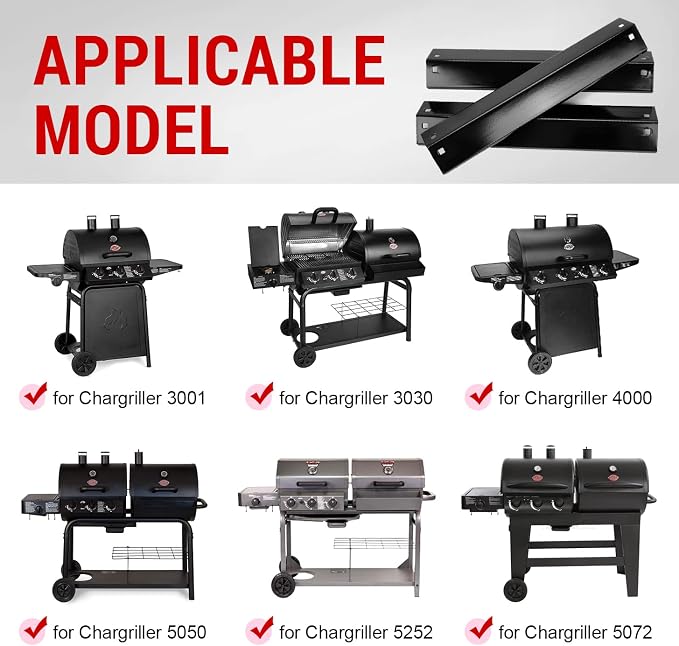 GGC Heat Plate Replacement for Char Griller 3001, 3008, 3030, 4000, 5050, 5252, 5650,5072 and King Griller 3008, 5252, 3 PCS Porcelain Steel Chargriller Replacement Parts (18-15/16” x 3-7/8”)
