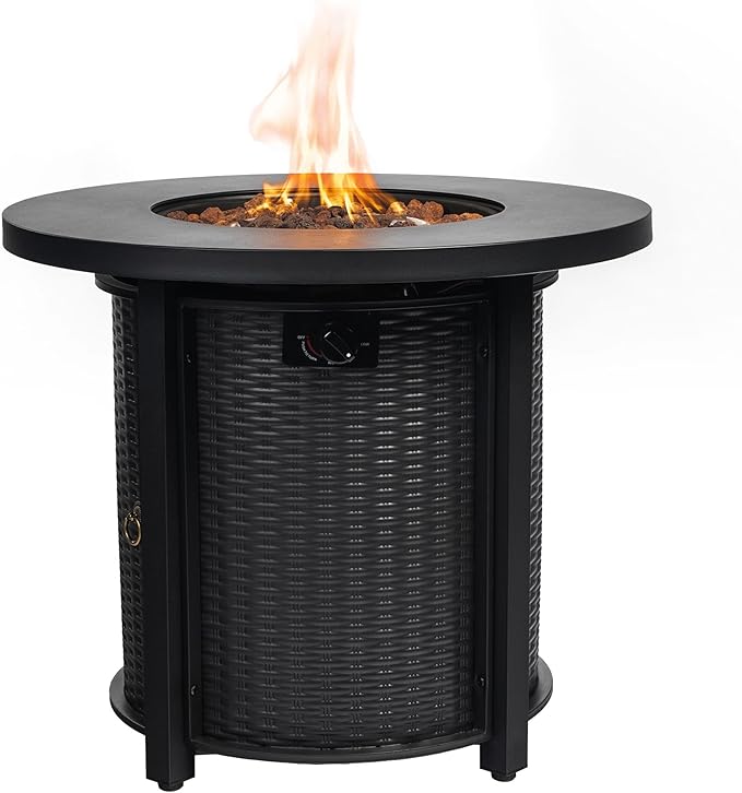 KEIKI 30 Inch Round Propane Fire Pit Table, Circular Outdoor Gas Firepit for Patio Balcony, 50000 BTU Steel Heater with Lava Rocks and Lid