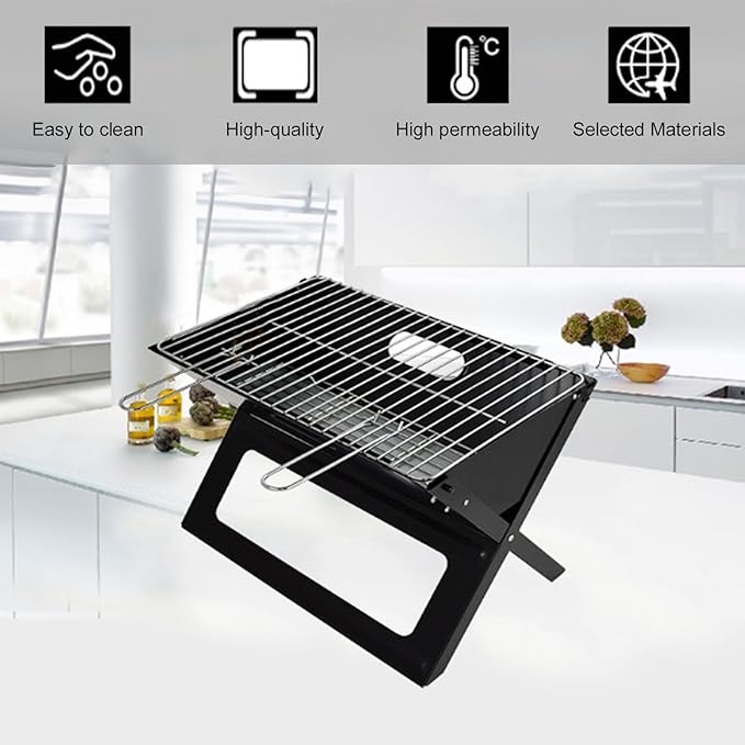 Charcoal Grills, Portable Metal Barbecue Grill, Small BBQ Grill for Adult, Folding Tabletop Grill for Outdoor Cooking Camping Beach Traveling Picnic Backyard, Black