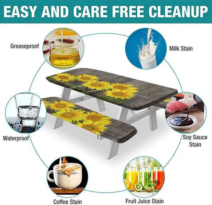 Sunflowers Picnic Bench Fitted Table Cover, Brown Yellow Helianthus Against Weathered Aged Fence Table Cloth, 28x72 Inch, 3 Piece Set, for Picnics Indoor and Outdoor Dining Decor
