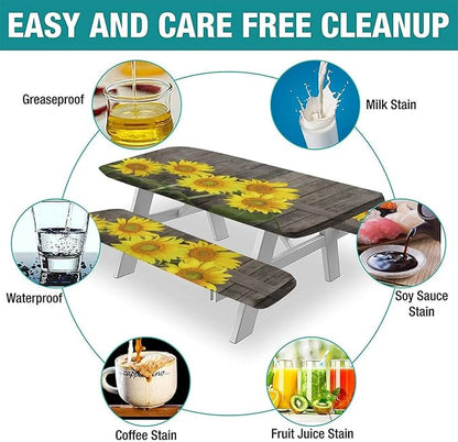 Sunflowers Picnic Bench Fitted Table Cover, Brown Yellow Helianthus Against Weathered Aged Fence Table Cloth, 28x72 Inch, 3 Piece Set, for Picnics Indoor and Outdoor Dining Decor