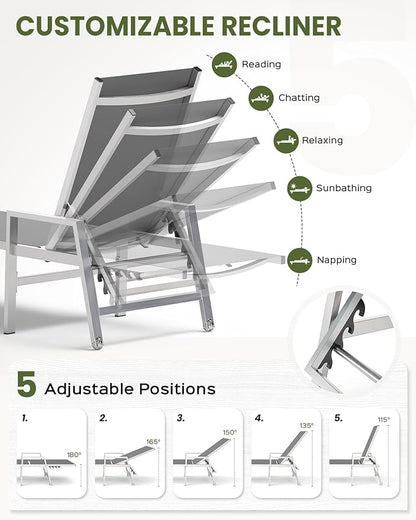 Vexwalx Patio Chaise Lounge Chair Outdoor with Wheels&Armrests, Aluminum Pool Lounge Chairs 5-Position Adjustable Recliner, Outdoor Beach Lounge Chairs for Poolside, Patio, Deck, Yard, Dark Gray