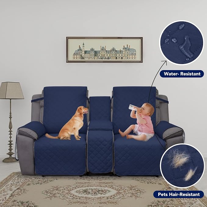 PureFit Water Resistant Reversible Loveseat Recliner Cover - Non Slip Furniture Protector for 2 Seat Recliner, Navy/Ivory | Double with Console, Non Slip Split Sofa Cover, Washable Reclining Cover, Navy/Ivory