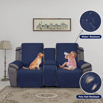 PureFit Water Resistant Reversible Loveseat Recliner Cover - Non Slip Furniture Protector for 2 Seat Recliner, Navy/Ivory | Double with Console, Non Slip Split Sofa Cover, Washable Reclining Cover, Navy/Ivory