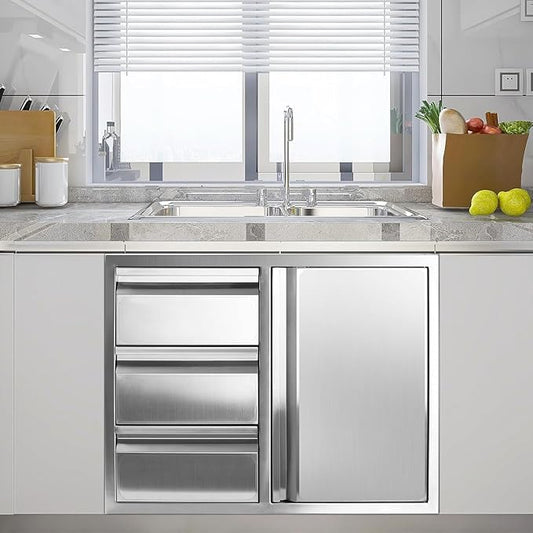 Outdoor Kitchen Drawer Combo, Stainless Steel Sealed Storage Combo with Triple Drawers, Outdoor Kitchen for BBQ Island, Grilling Station, Outside Cabinet (27.8" W x 21.8"D x 19.6" H)（Left Drawer）