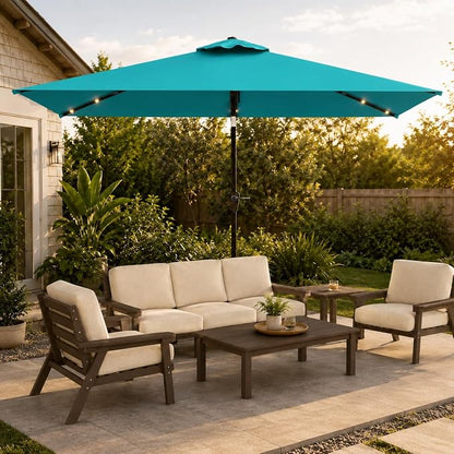6.5 x 10ft Rectangular Patio Umbrella with Solar Lights, 16 LED Lighted Market Umbrella with Push-Button Tilt and Crank, 6 Sturdy Iron Ribs for Garden, Deck, Pool, Turquoise Blue