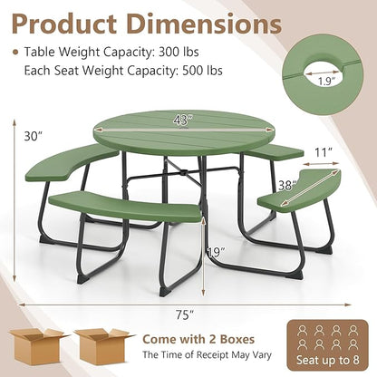 COSTWAY Round Picnic Table with Umbrella Hole, Outdoor Picnic Table with Bench Set for 4-8 People, HDPE Tabletop, Patio Dining Furniture Set for Family Gatherings, BBQ Party, Backyard (Green)