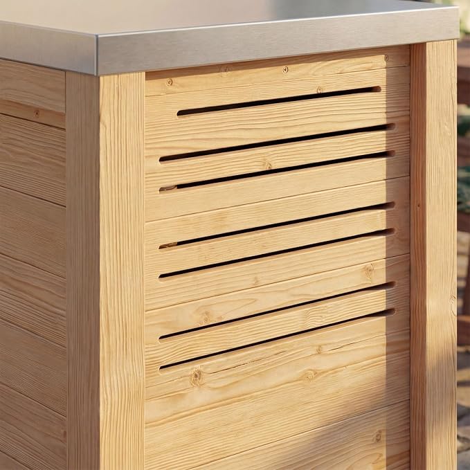 MOUMON Outdoor Mini Fridge Cabinet with Stainless Steel Countertop, 24” Solid Cedar Patio Refrigerator Stand, Oak 27.6”W x 23.6”D x 37.4”H
