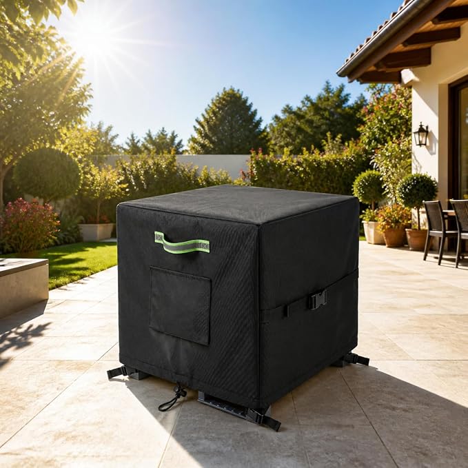 Garden Hose Reel Box Cover - Weatherproof 420D, 23"x23"x20", Black | Fits hose reels box. Reflective handles, cord closure, storage bag.