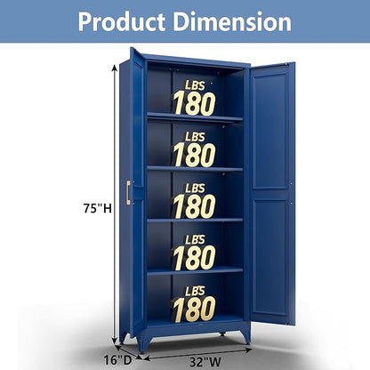 Polup Metal Storage Cabinet,75" Tall Kitchen Pantry Storage Cabinet with Doors and Adjustable Shelves, Blue Metal Pantry Cabinets, Large Cupboard for Kitchen, Dining Living Room, Bathroom, Office