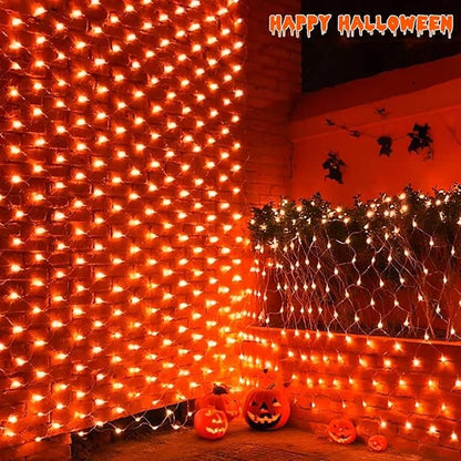 QITONG 360 LED Orange Christmas Net Light Outdoor, 12ft x 5ft Net Lights Outdoor Mesh Lights with 8 Modes, Clear Wire Thanksgiving Bush Light Plug in