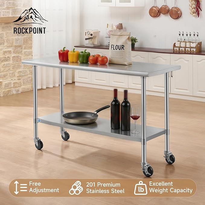 ROCKPOINT All Stainless Steel Prep Table with Caster 24x60 Inch, Commercial Heavy Duty Workbench with Stainless Legs & Adjustable Undershelf, 850 lb Capacity for Outdoor Kitchens with Wheel