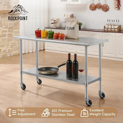 ROCKPOINT All Stainless Steel Prep Table with Caster 24x60 Inch, Commercial Heavy Duty Workbench with Stainless Legs & Adjustable Undershelf, 850 lb Capacity for Outdoor Kitchens with Wheel