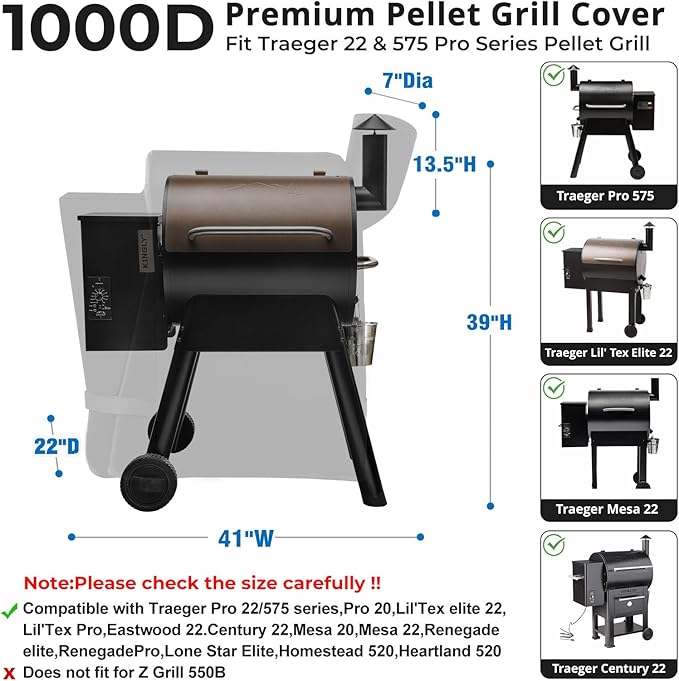 Pellet Grill Cover for Traeger Pro 22/575 Series,1000D Heavy Duty Rip-Proof Material Smoker Cover,Waterproof UV and Fade Resistant Grill Cover with Straps & Zippers for Traeger Lil'Tex Elite,Eastwood