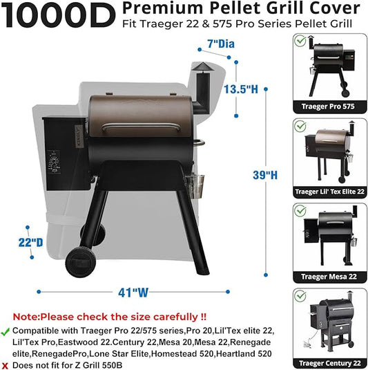 Pellet Grill Cover for Traeger Pro 22/575 Series,1000D Heavy Duty Rip-Proof Material Smoker Cover,Waterproof UV and Fade Resistant Grill Cover with Straps & Zippers for Traeger Lil'Tex Elite,Eastwood