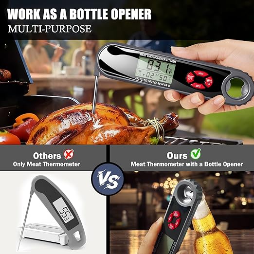 3 in 1 Meat Thermometer Digital with Beer Bottle Opener, Built-in a Kitchen Timer. Waterproof, Large Backlit Screen, Perfect Kitchen Accessories,BBQ Grill Cooking Gifts for Men,Fathers Day Gift