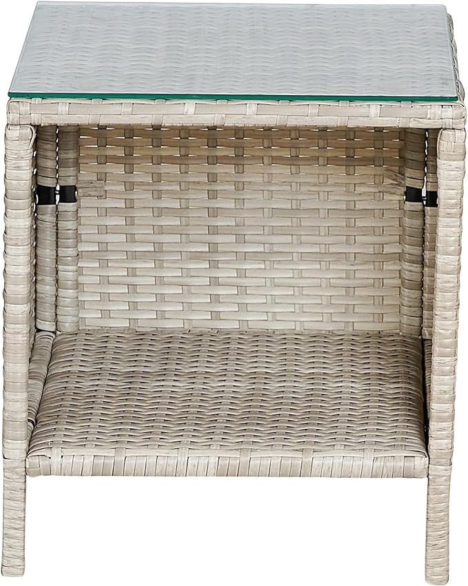 Outdoor Wicker Conversation 3 Piece Bistro Set Garden Patio Yard Porch Furniture Space Saving Pe Rattan 2 Chairs Cushions Side Storage Glass Table Gray/Cream 3pc