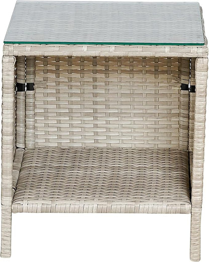 Outdoor Wicker Conversation 3 Piece Bistro Set Garden Patio Yard Porch Furniture Space Saving Pe Rattan 2 Chairs Cushions Side Storage Glass Table Gray/Cream 3pc