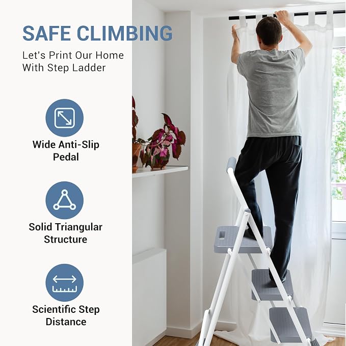 DUMOS 3 Step Ladder, Sturdy Step Stool with Anti-Slip Pedal & Comfortable Handrail, Portable Heavy Duty Stool for Kitchen, Garage & Outdoor, 800lbs, Grey