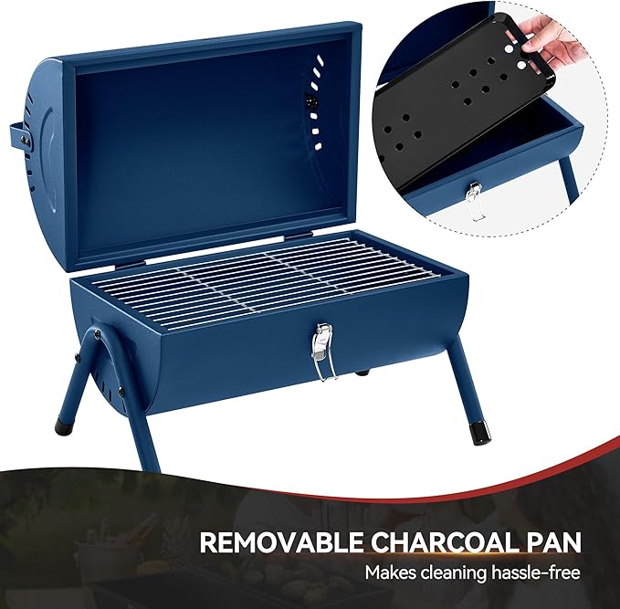 CC1015B Portable Charcoal Grill, 147 Sq. In. Cooking Area, with Four Air Vents, Lid Latch Buckle, Lid Handle, for Outdoor Backyard, Patio Parties and Picnics, Blue