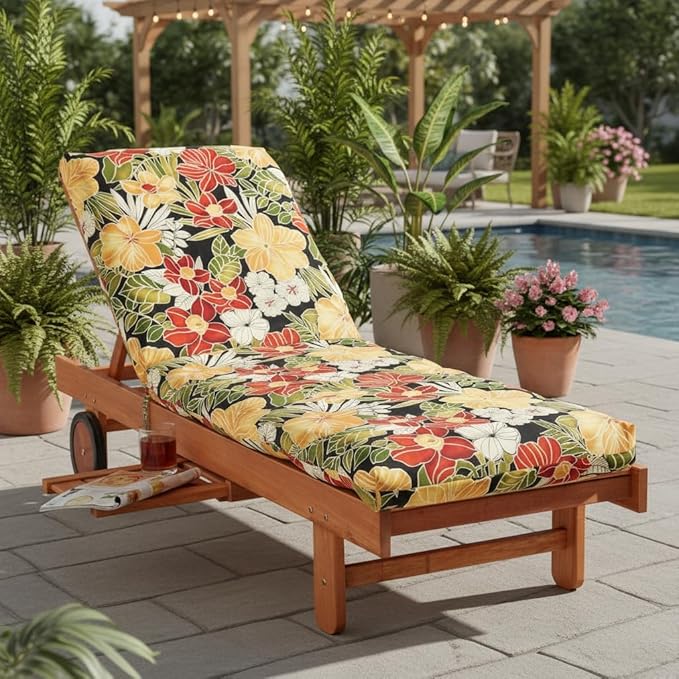 Modern Outdoor Chaise Lounge Cushion with Ties – Durable Polyester Fabric, Channel-Filled Polyfiber Insert, Removable Zippered Cover, Aloha Black Floral