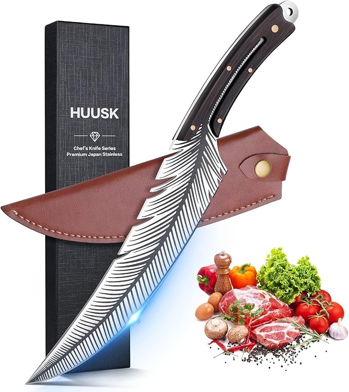 Huusk Feather Knife Hand Forged Japan Viking Knives High Carbon Steel Butcher Boning Knife for Meat Cutting Japanese Chef Knives Cooking with Sheath for Kitchen Camping Gift for Dad