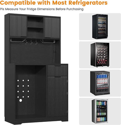 kepptory 72" Mini Fridge Cabinet with Storage, Coffee Bar Cabinet with Mini Fridge, Tall Coffee Bar Station with RGB LED Light, Wine Glass Holder, for Home Kitchen Living Room, Black