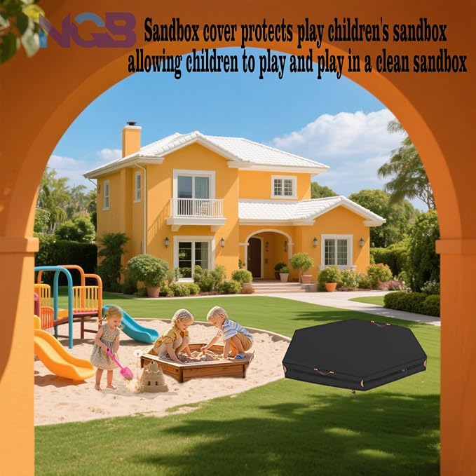 Outdoor Hexagonal Sandbox Cover with Two Night-Vision Reflective Handles and 5-Meter Webbing Loops, Featuring an Elastic Drawstring at the Bottom. Suitable for sandboxes up to 60“L x 52”W x 9" H.