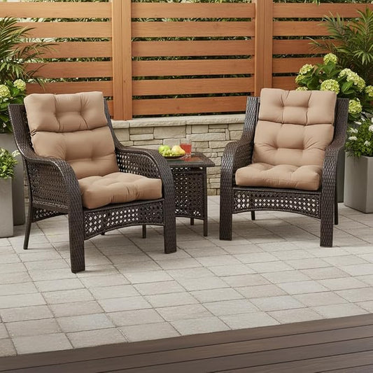 Outdoor Tufted High-Back Chair Cushions, One-Piece Hinged Seat and Back Design, Reversible with 4 Ties, Durable Polyester Fabric, Recycled Fiber Fill - Set of 2, Coronado