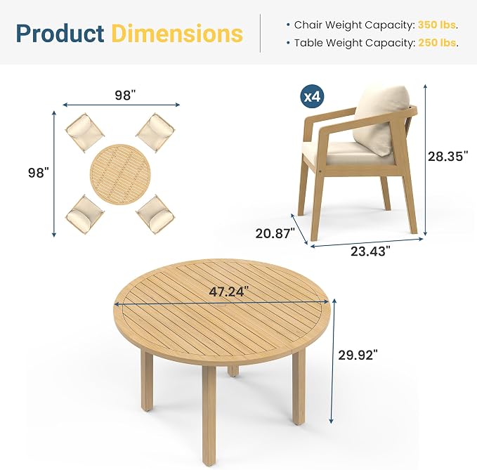Wisteria Lane 5-Pieces Acacia Patio Table and Chairs Set for 4, Outdoor Dining Set with Round Table, Modern Patio Table Set with Cushion, Patio Furniture Set for Backyard Deck Garden Porch