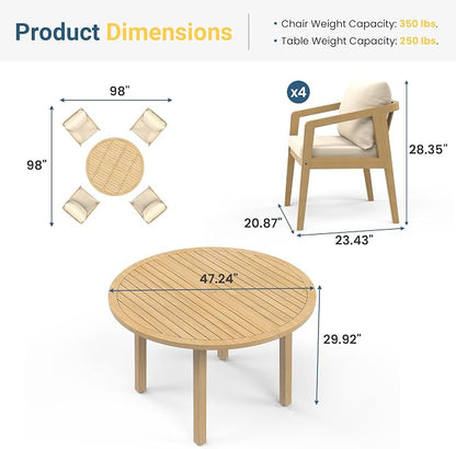 Wisteria Lane 5-Pieces Acacia Patio Table and Chairs Set for 4, Outdoor Dining Set with Round Table, Modern Patio Table Set with Cushion, Patio Furniture Set for Backyard Deck Garden Porch