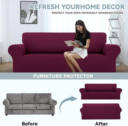 LURKA Stretch Couch Cover for Sofa, 1 Piece 3 Cushion Slipcover, Wine | Soft Stretch Jacquard, Fits 78"-94" Sofas, Elastic Bottom for Secure Fit, Machine Washable, Pet & Kid Friendly
