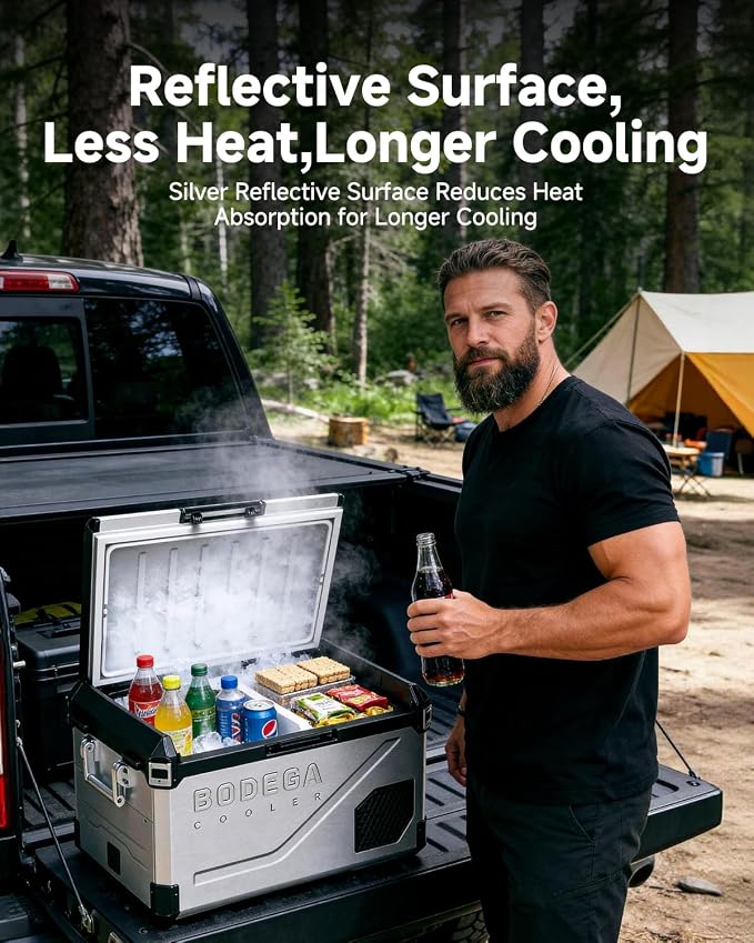 BODEGA Portable 12V Car Refrigerator, 47QT Stainless Steel Fridge with Removable Divider for Dual Zone MAX/ECO Modes & Battery Protection, Electric Cooler for RV, Truck, Camping