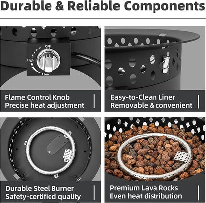 Breezz 20” Outdoor Fire Pit with Grill, 60000 BTU Smokeless Firepit, External Propane Required, Foldable Cooking Grate, Adjustable Flame, Patio Camping BBQ