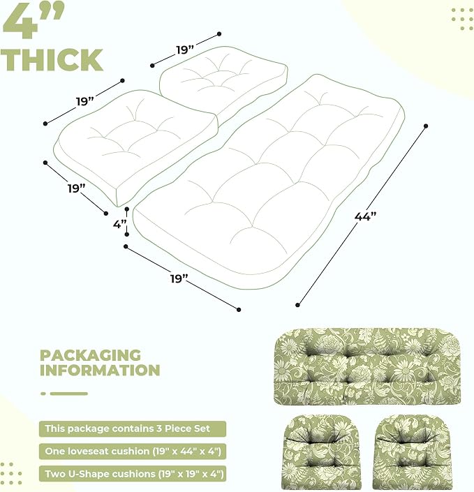 DANGHOOGY Wicker Chair Cushions, Waterproof Outdoor Loveseat Cushions for Patio Furniture, Tufted Wicker Furniture Cushions, 1 Loveseat and 2 U-Shaped Cushions (Green Rose)