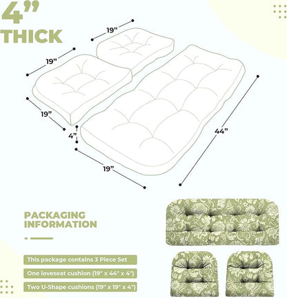 DANGHOOGY Wicker Chair Cushions, Waterproof Outdoor Loveseat Cushions for Patio Furniture, Tufted Wicker Furniture Cushions, 1 Loveseat and 2 U-Shaped Cushions (Green Rose)