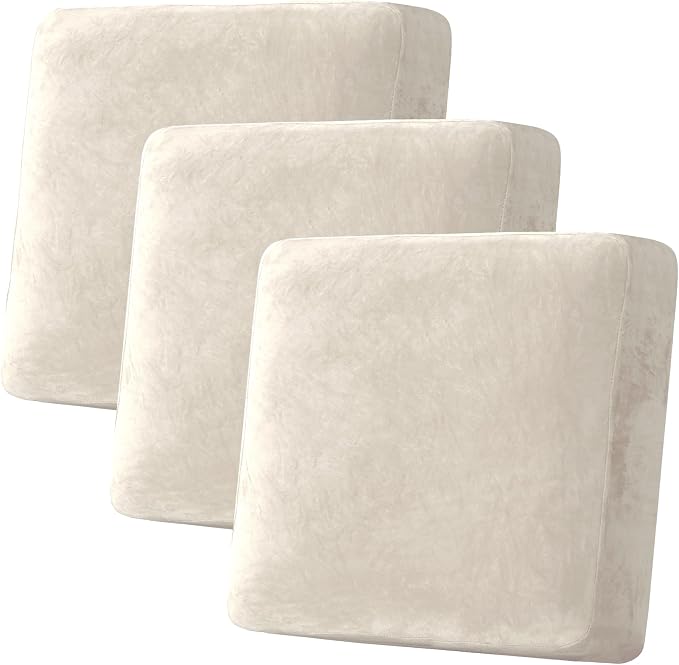 H.VERSAILTEX Velvet Stretch Couch Cushion Cover Plush Cushion Slipcover for Chair Loveseat Sofa Cushion Furniture Protector Seat Cushion Sofa Cover (3 Piece XL Sofa Cushion Covers, Ivory)