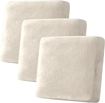 H.VERSAILTEX Velvet Stretch Couch Cushion Cover Plush Cushion Slipcover for Chair Loveseat Sofa Cushion Furniture Protector Seat Cushion Sofa Cover (3 Piece XL Sofa Cushion Covers, Ivory)