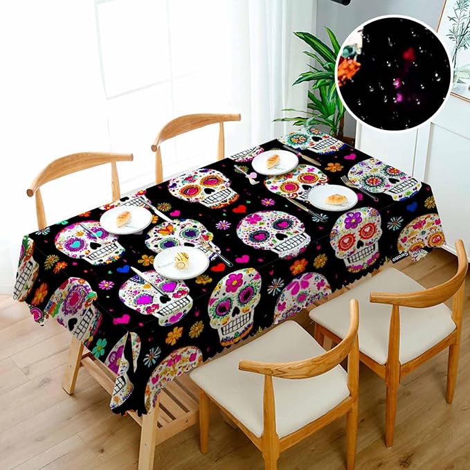 Swono Day of The Dead Table Cover Tablecloth, Colorful Mexican Sugar Skulls 50x72 Inch Table Cloth for Rectangle Tables Buffet Parties Coffee BBQ and Dinning Tablecloth